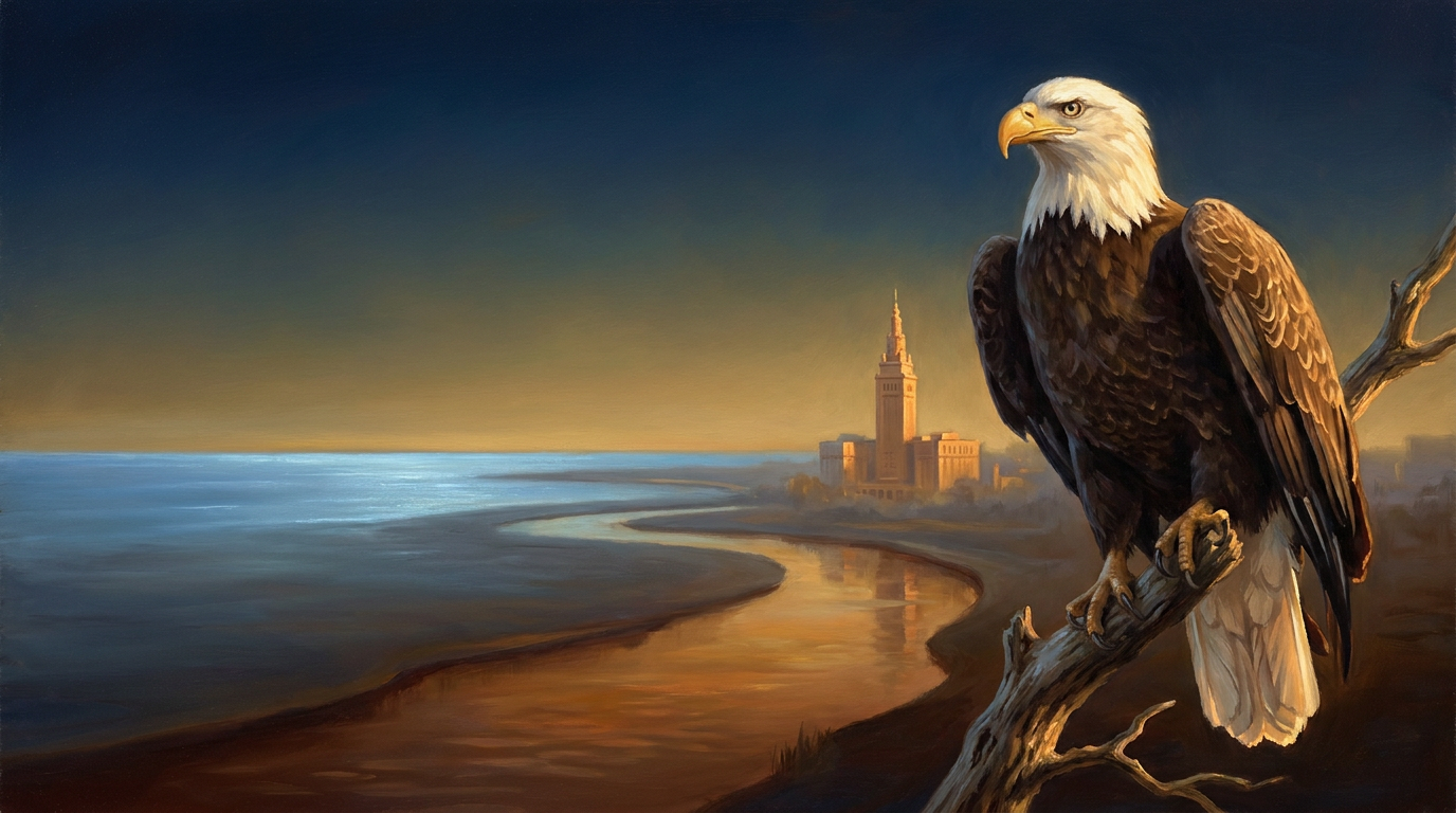 Cleveland Ohio K-12 online home school, bald eagle overlooking Lake Erie and the Cuyahoga River