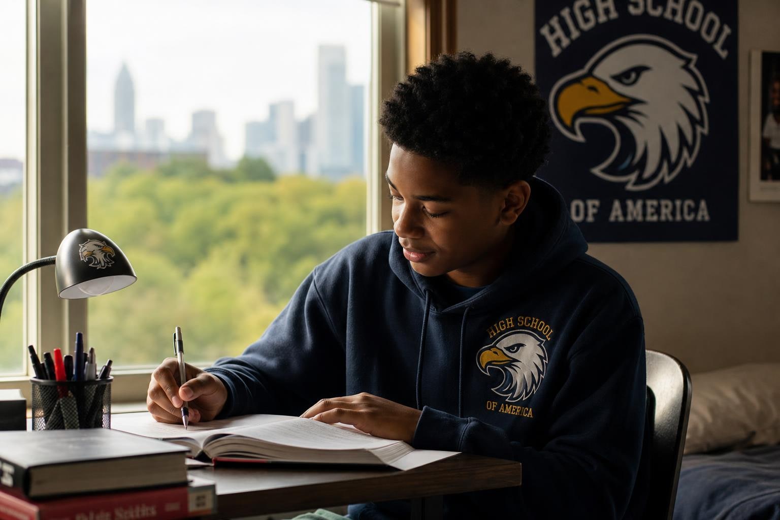 A Charlotte teenage boy in a navy school quarter-zip working through a textbook at a desk by a window, the Uptown skyline outside