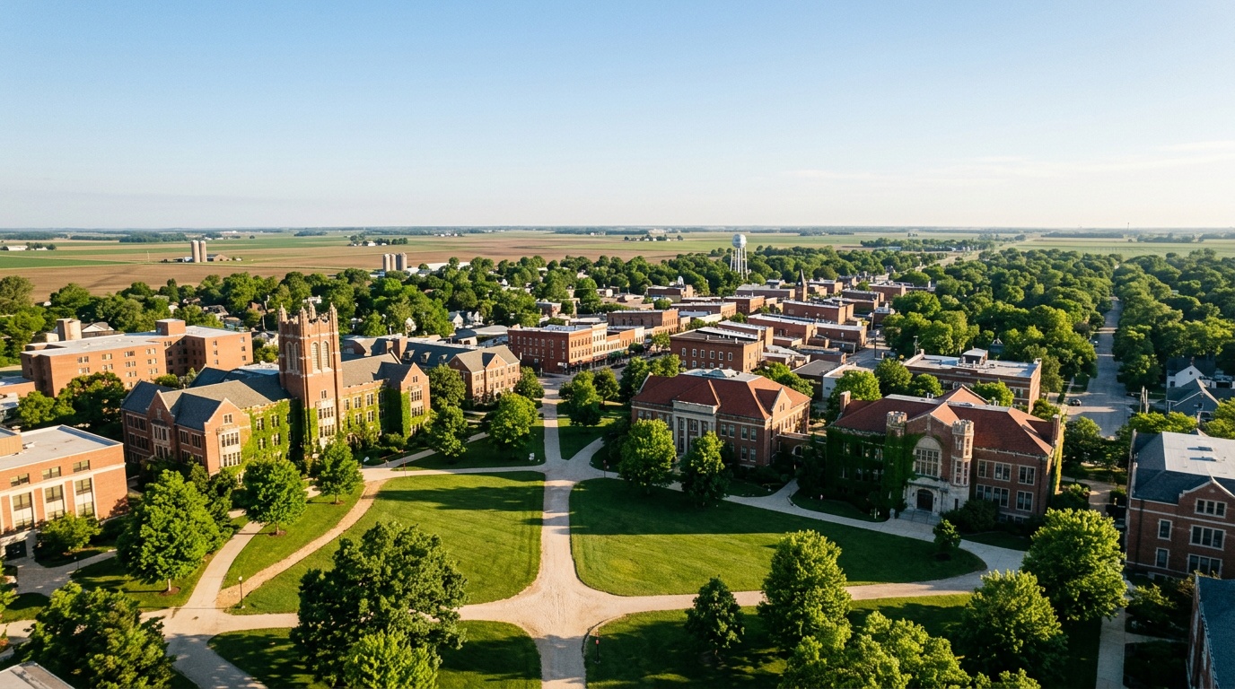 DeKalb Illinois K-12 online home school: a red-brick university quad and tree-lined downtown in DeKalb, Illinois, handsome collegiate buildings, broad green lawns, walking paths, surrounding farm fields in the distance, a clear morning sky.