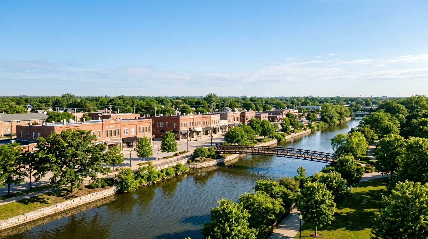 Des Plaines online home school K-12: the downtown and Des Plaines River in Des Plaines, Illinois on a clear morning.