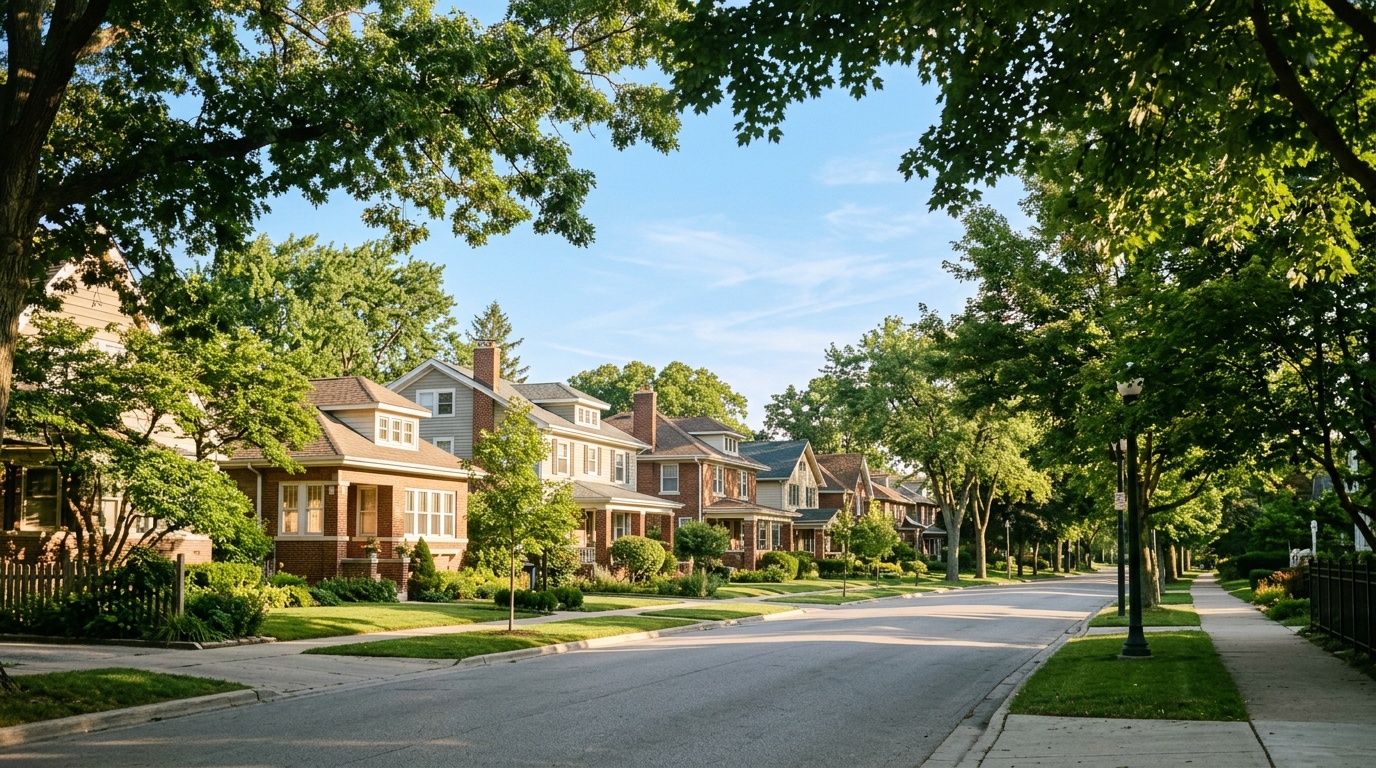 Downers Grove Illinois online homeschool: a tree-lined residential street of classic homes in Downers Grove, Illinois.