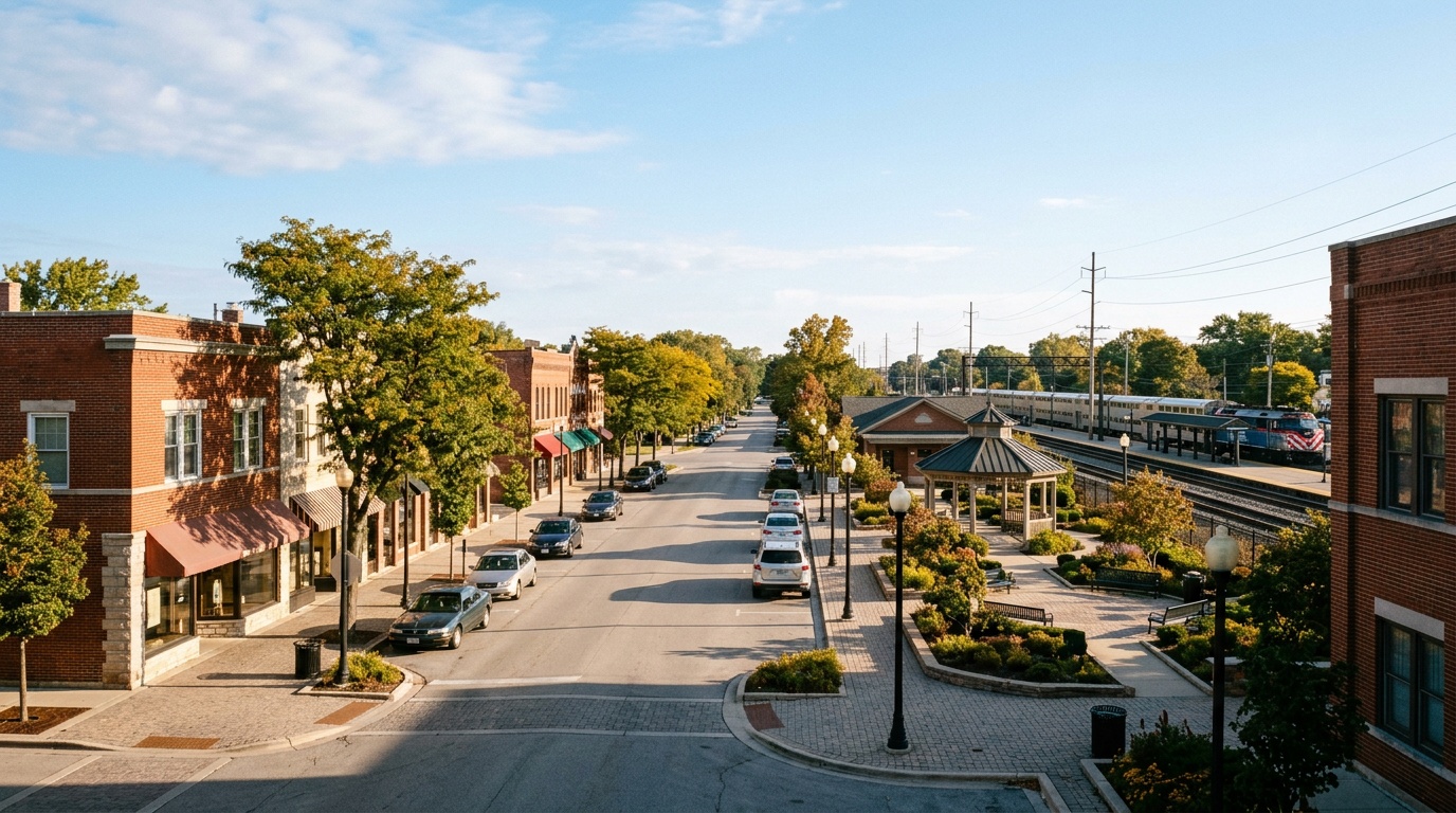 Downers Grove online home school K-12: the downtown and Metra station area of Downers Grove, Illinois on a clear morning.