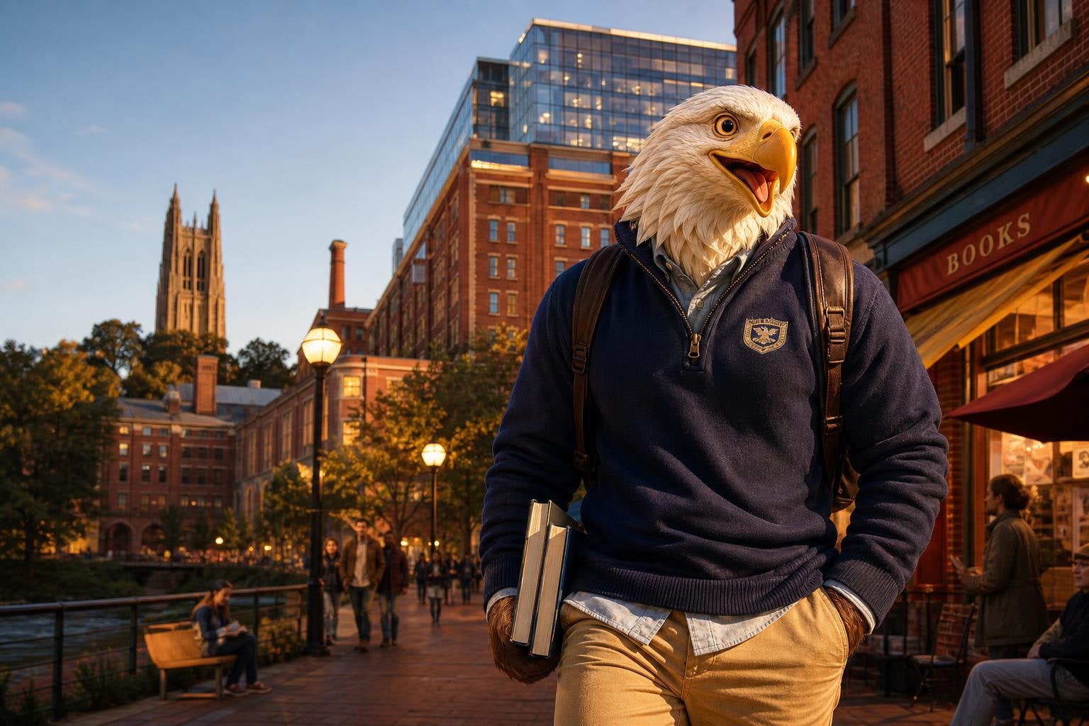The High School of America eagle seated at a long wood table near a tall window at the American Tobacco Campus, studying a four-year course plan in warm afternoon light