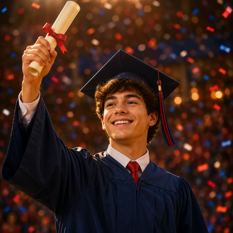 Student celebrating earning a high school diploma online in cap and gown