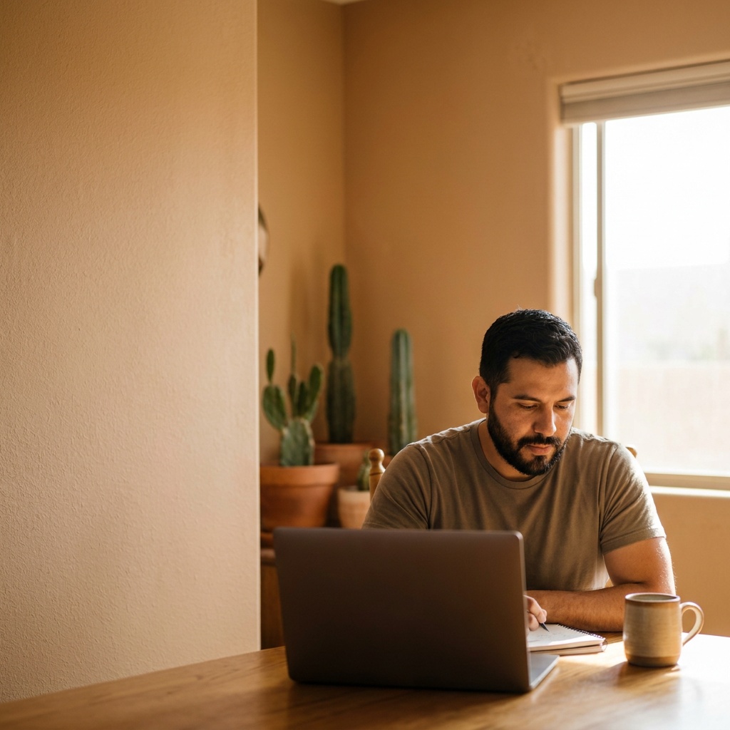 Adult student studying online at home in El Paso