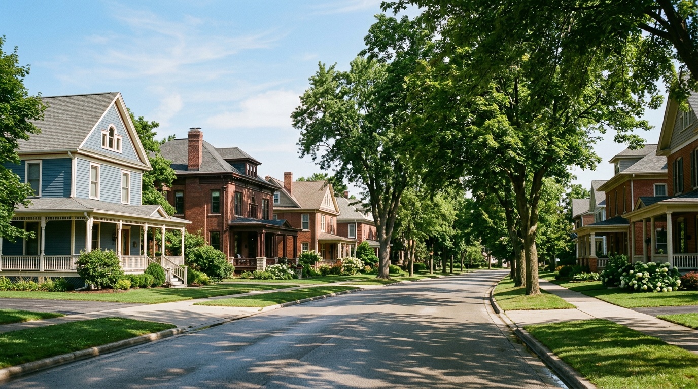 Elgin Illinois online homeschool: a tree-lined residential street of classic homes in Elgin, Illinois.