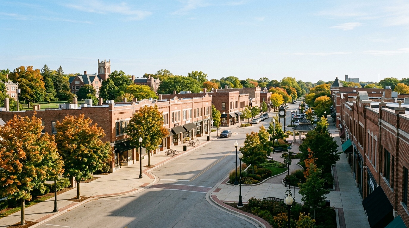 Elmhurst online home school K-12: the downtown and tree-lined streets of Elmhurst, Illinois on a clear morning.