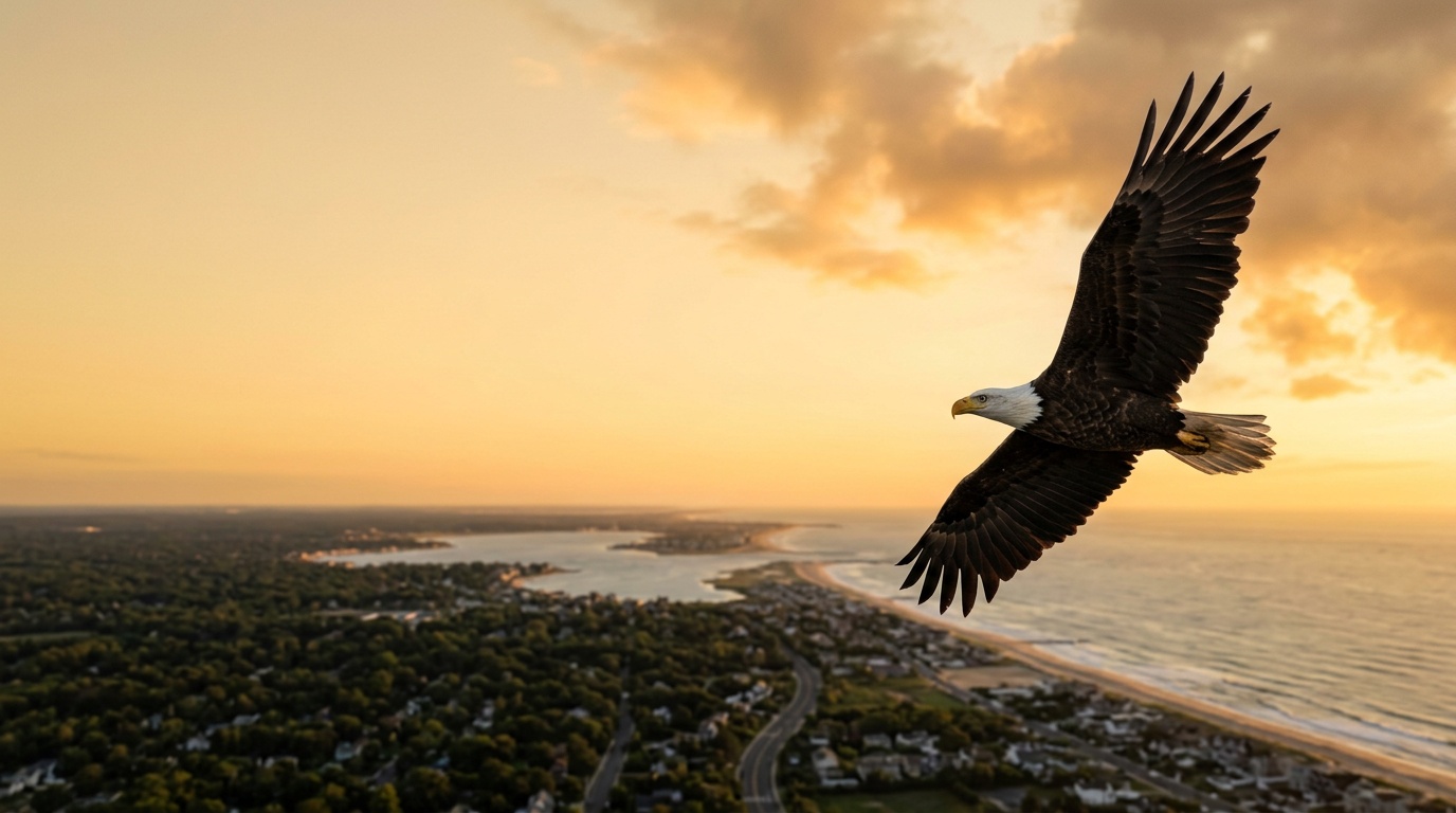 American bald eagle in flight at golden hour over Long Island, Nassau County, New York, representing High School of America accredited K-12 online homeschool in Hempstead