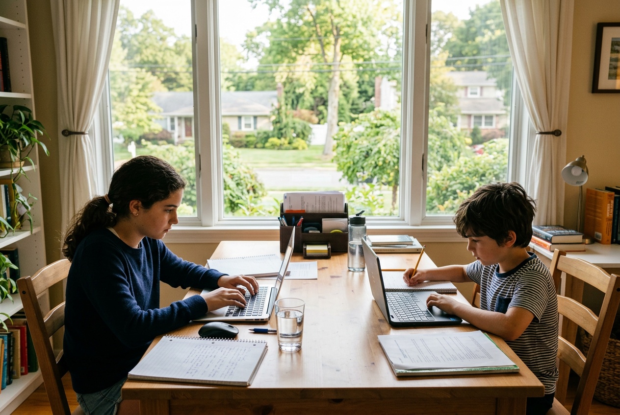 Two Long Island students doing self-paced online homeschool at a home desk with laptops, Nassau County suburb visible through the window