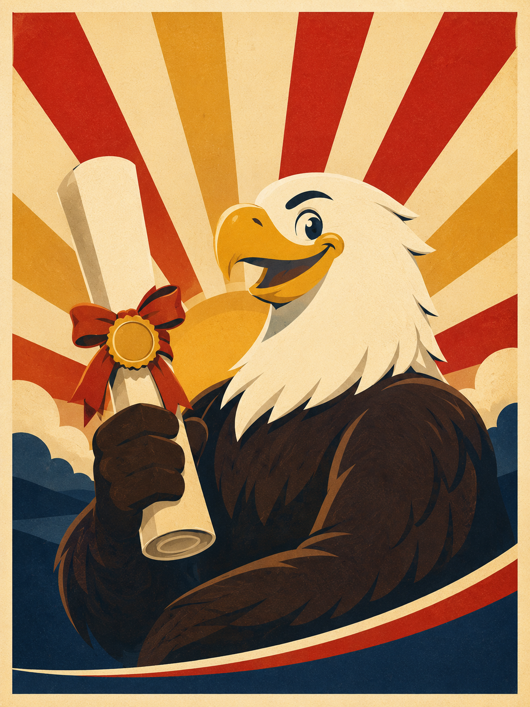 Mid-century poster of the High School of America eagle holding a diploma