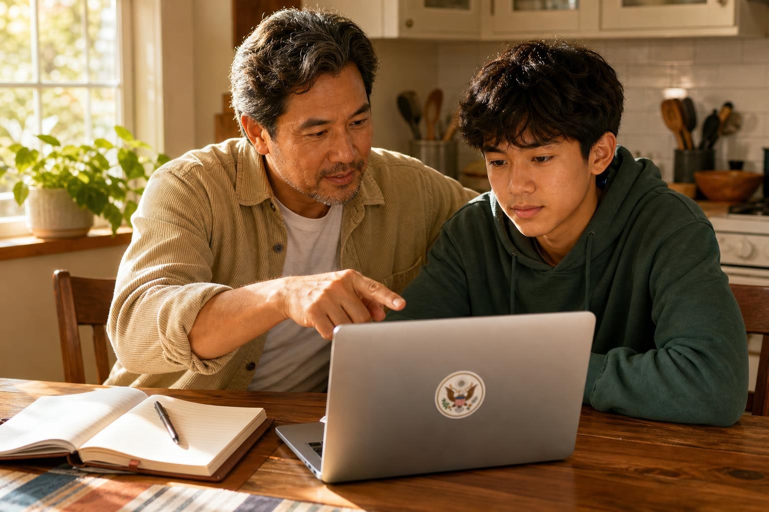 A parent and student looking at a transcript request form on a laptop, notebook and pencil beside them