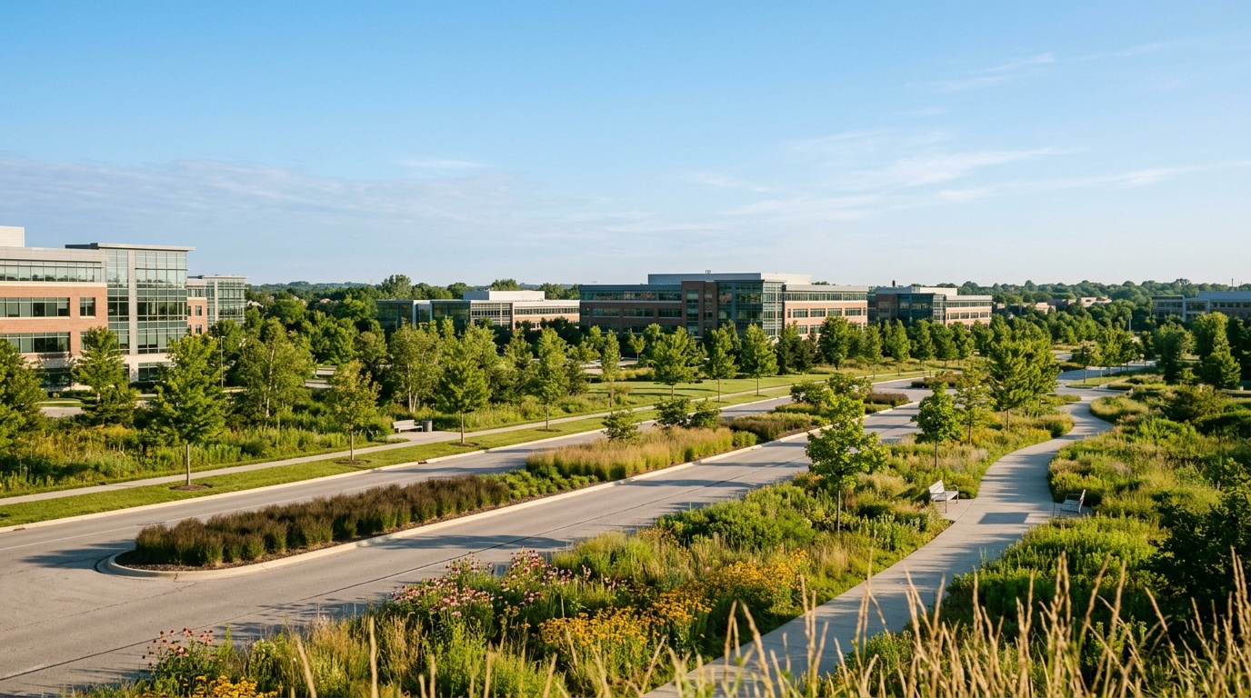 Hoffman Estates online home school K-12: a landscaped corporate-campus parkway and prairie in Hoffman Estates, Illinois on a clear morning.
