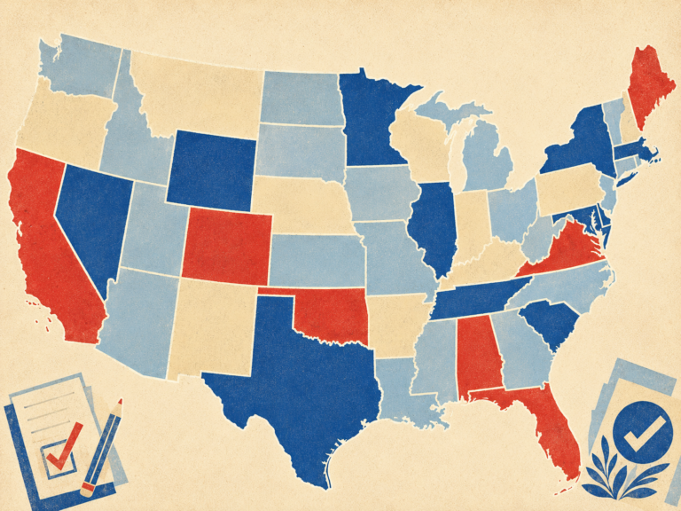A stylized map of the United States showing how homeschool laws vary from state to state