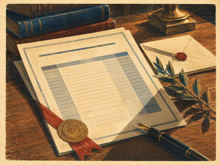 An official academic transcript with a gold seal and ribbon on a desk, prepared for college applications