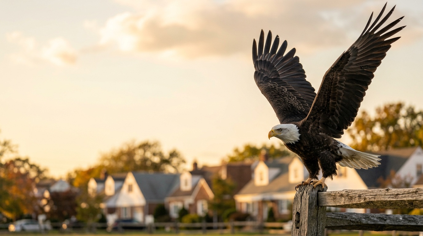 American bald eagle perched on a weathered wooden ballfield rail at the edge of a classic Long Island suburban neighborhood in Levittown, New York, at golden hour, for High School of America accredited K-12 online homeschool