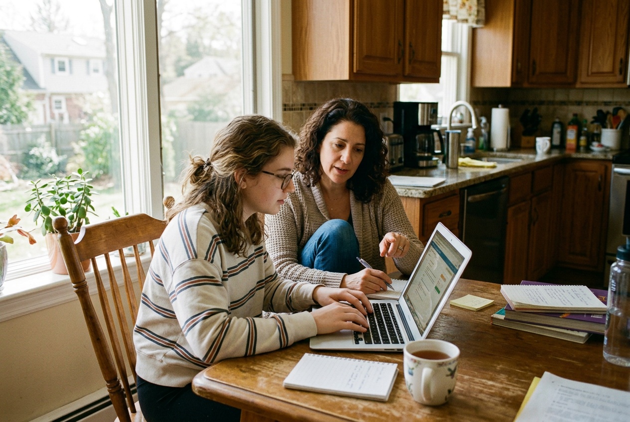 A Long Island family in Levittown, New York, a parent helping a teenage student do self-paced online homeschool on a laptop at the kitchen table