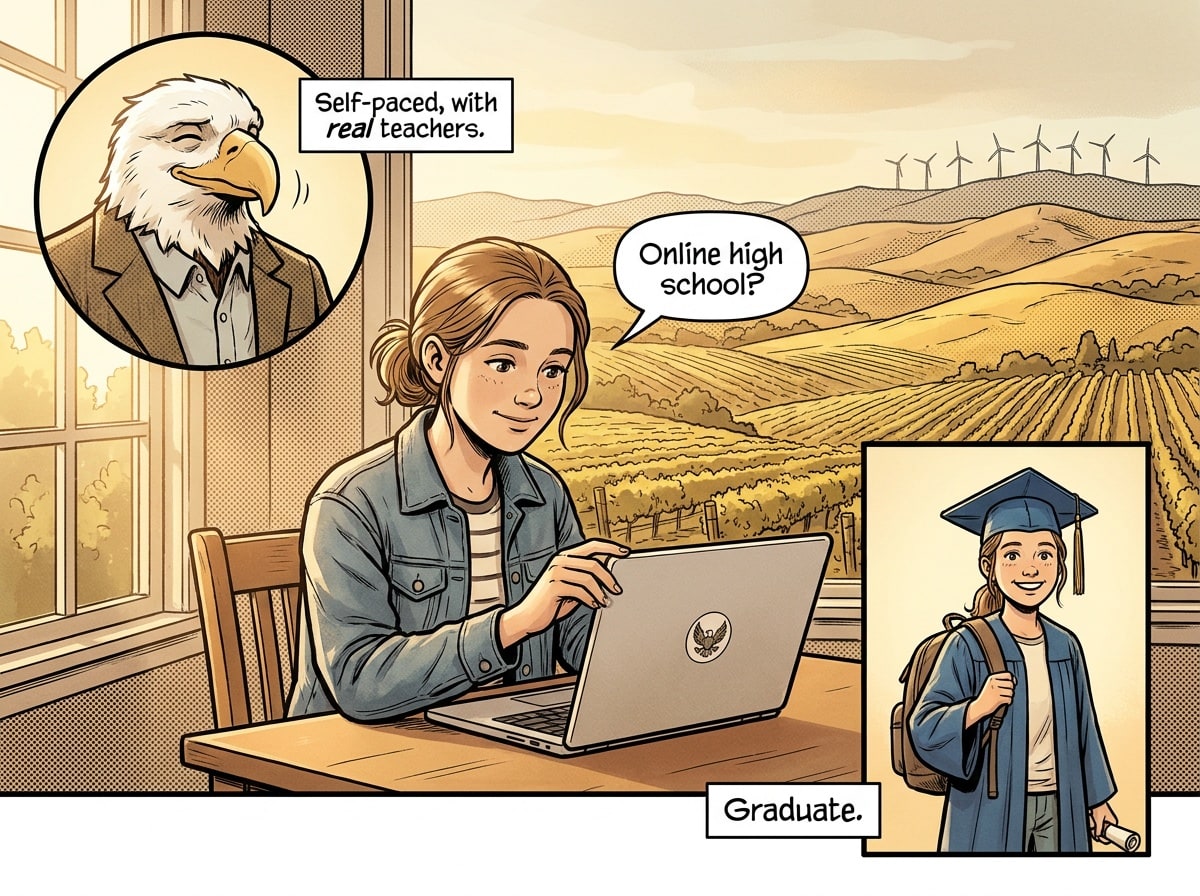 Livermore online high school journey comic, from the first laptop to a high school diploma, with the High School of America eagle