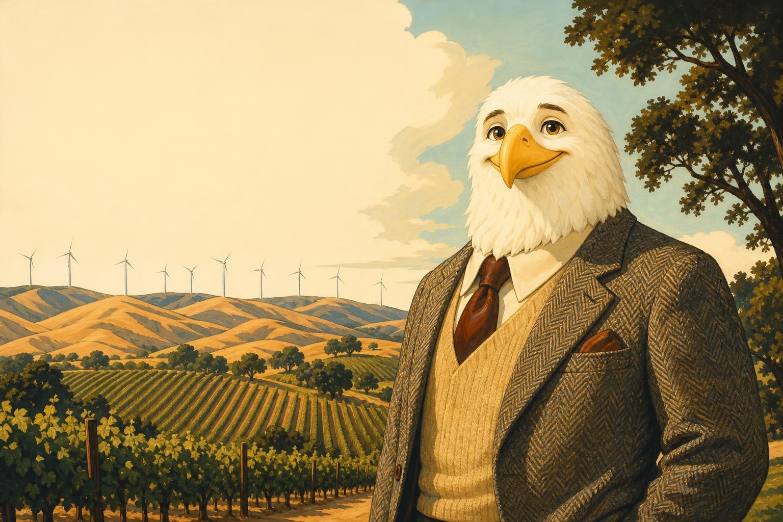Livermore online high school, the High School of America eagle with the Livermore Valley vineyards and Tri-Valley hills behind him