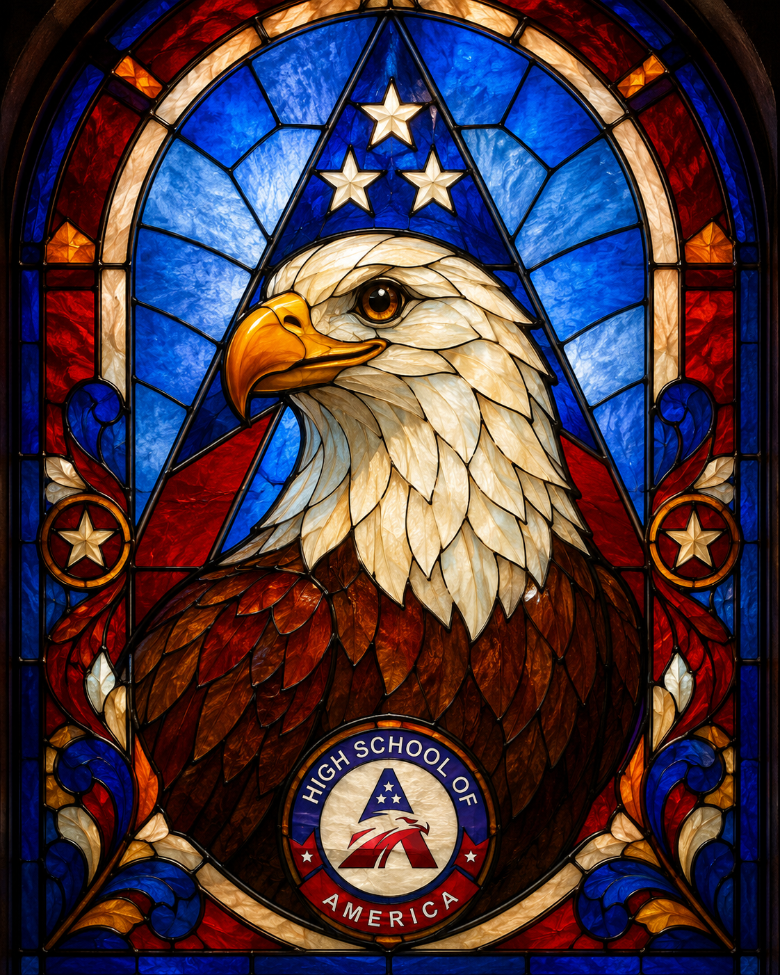 High School of America eagle mascot, stained-glass style, sharing a study tip