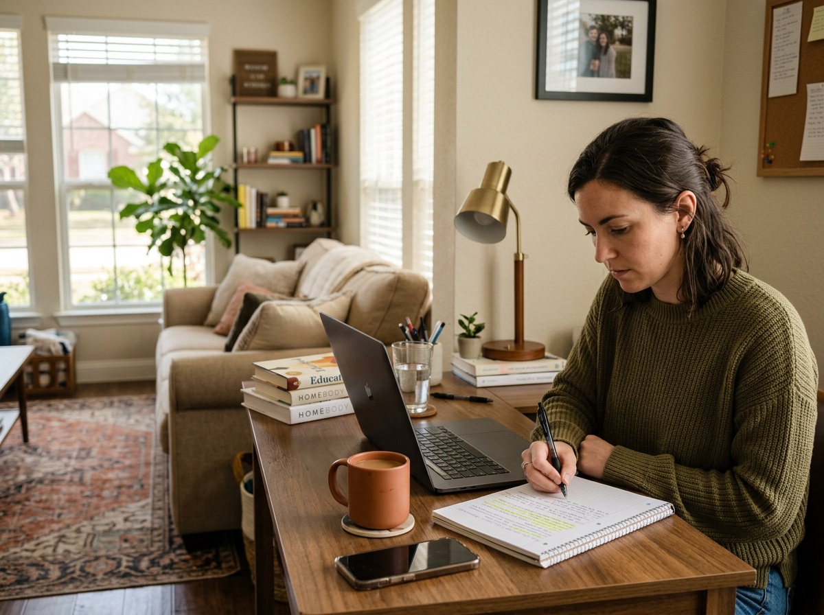 Adult student studying online at home in Mesquite