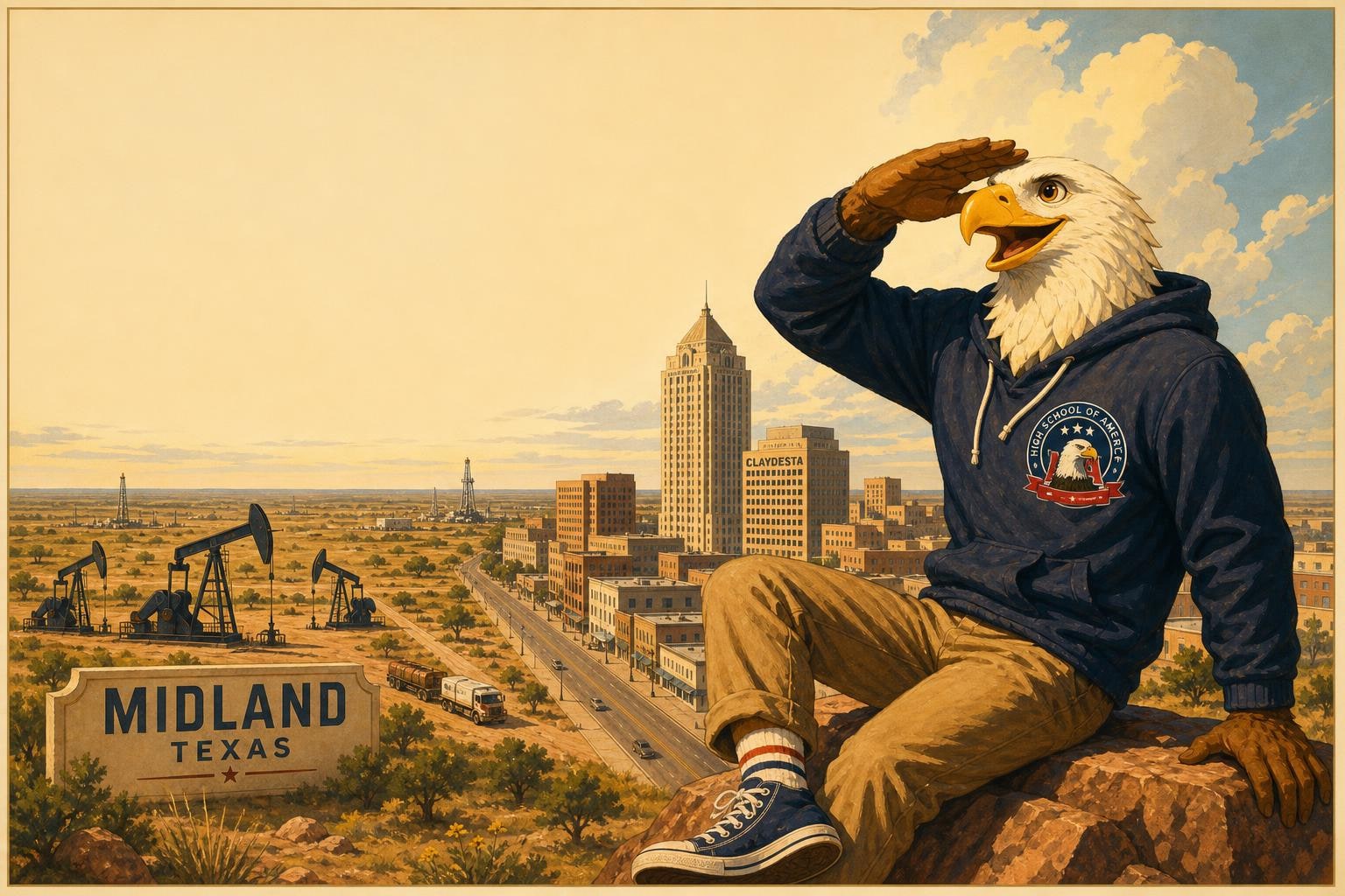 The High School of America eagle at a sunlit kitchen table in a Midland home, a four-year course plan open beside a laptop, late-afternoon Permian Basin light coming through the window