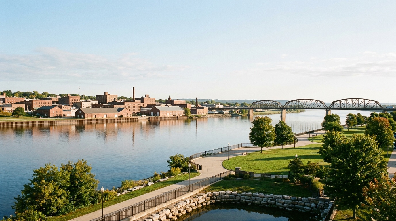 Moline Illinois K-12 online home school: the Mississippi River waterfront at Moline, Illinois in the Quad Cities, a riverfront park and walkway, river bridges, low historic brick buildings, calm water, a clear morning sky.