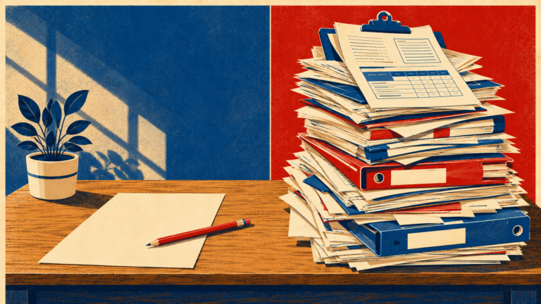 A desk contrasting a single form with a tall stack of paperwork, showing how homeschool regulation ranges from light to heavy by state