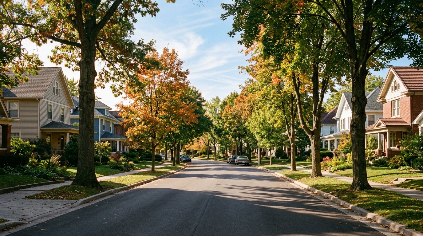Normal Illinois online homeschool: a tree-lined residential street of classic homes in Normal, Illinois.