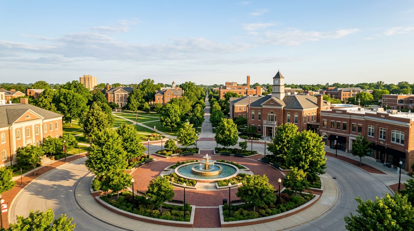 Normal online home school K-12: the uptown district and a college quad in Normal, Illinois on a clear morning.