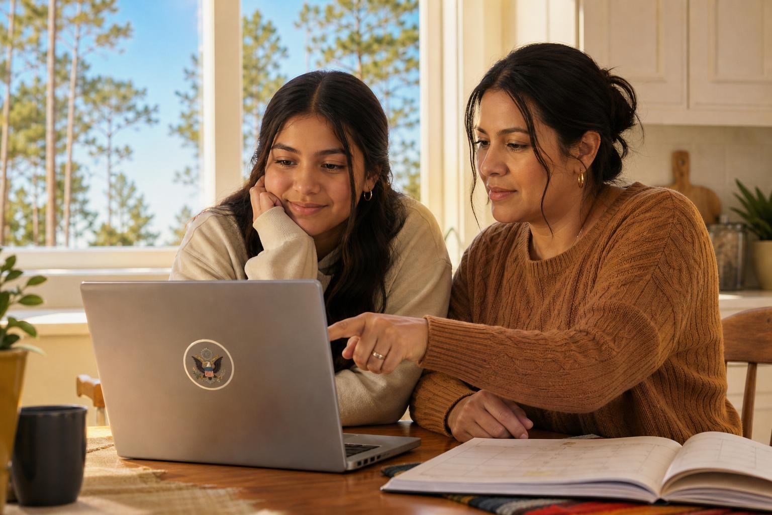 A Texas teenager reviewing a diploma plan with a school counselor, laptop open with a course map visible