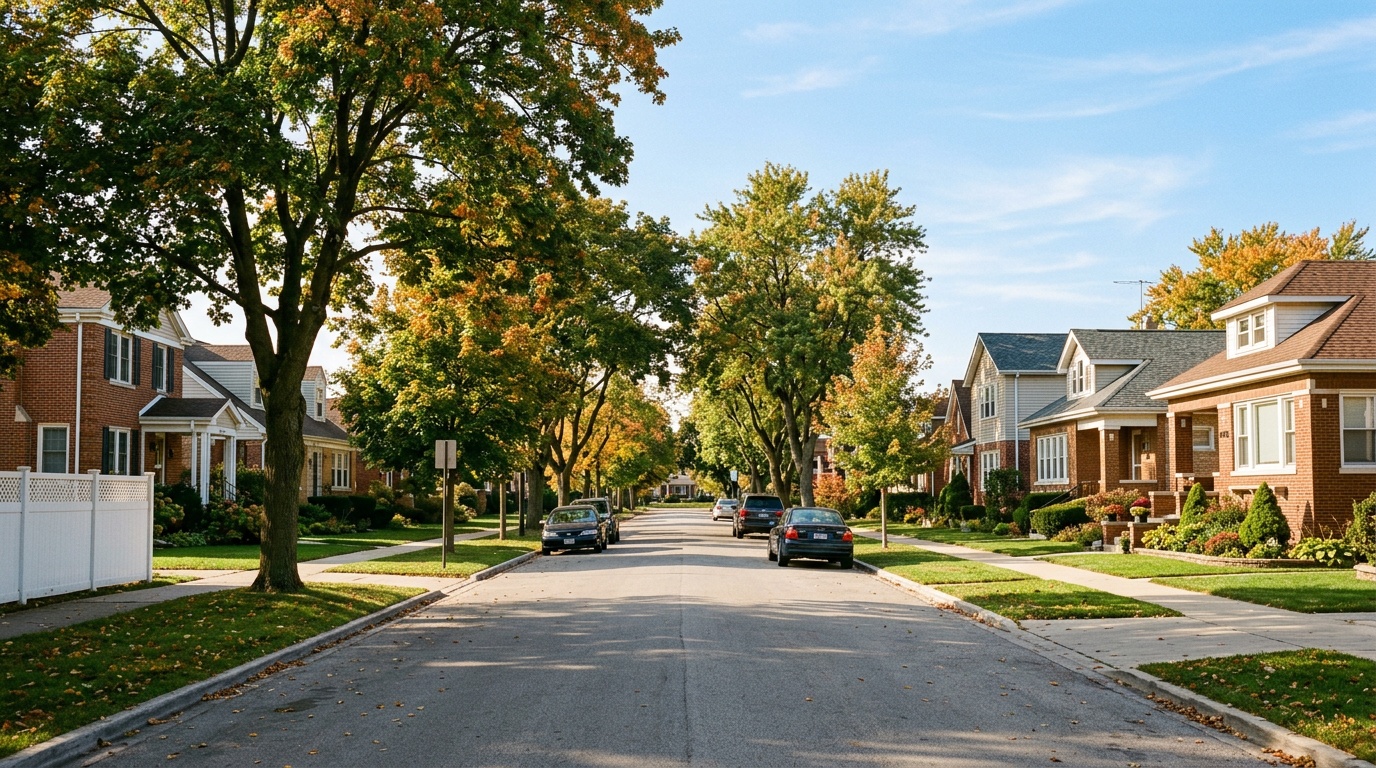 Oak Lawn Illinois online homeschool: a tree-lined residential street of classic homes in Oak Lawn, Illinois.