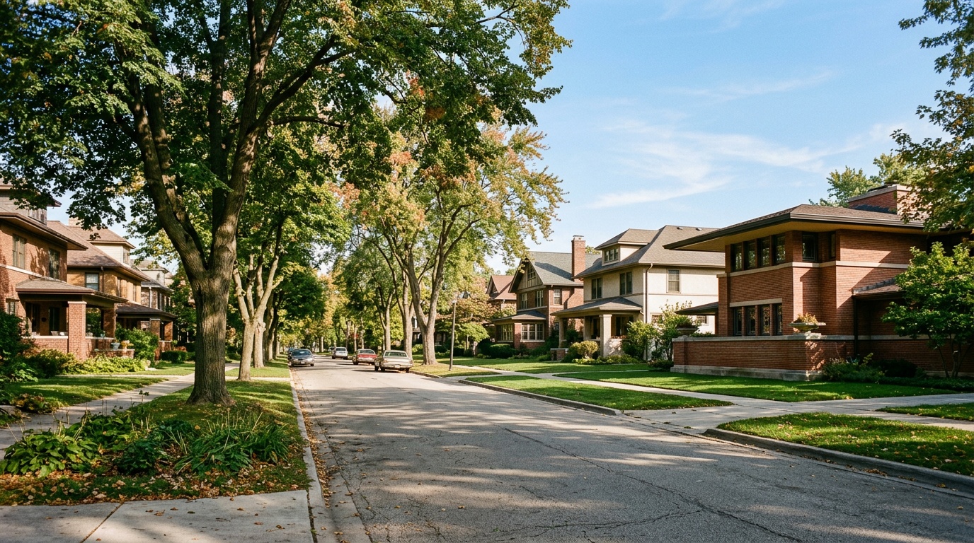 Oak Park online home school K-12: tree-lined streets and Prairie-style architecture in Oak Park, Illinois on a clear morning.