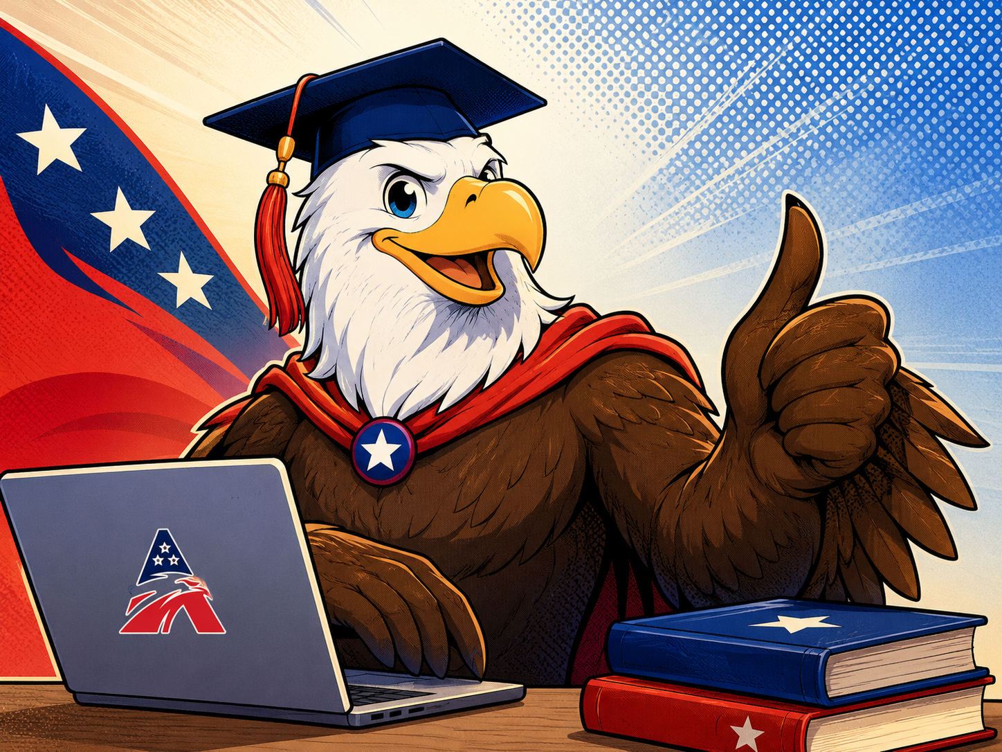 High School of America eagle mascot in a graduation cap giving a thumbs-up beside an online high school laptop