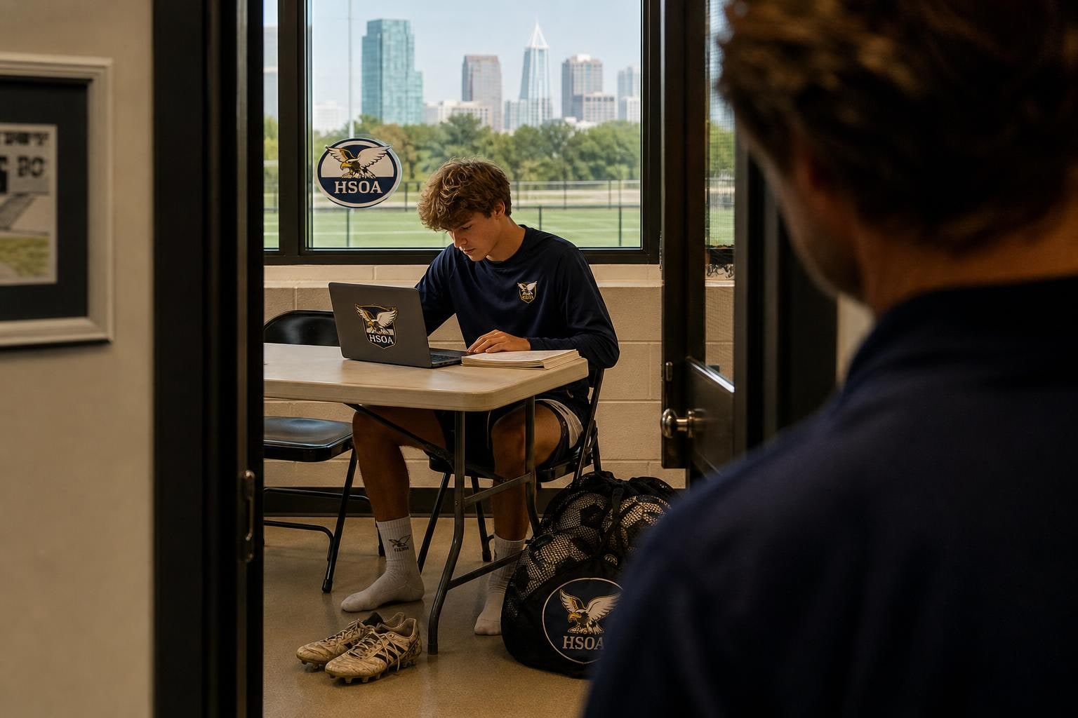A Raleigh teenage boy in a soccer training top doing coursework on a laptop beside an indoor training facility window, cleats and ball bag on the floor