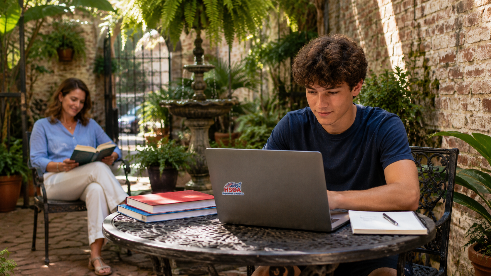 Louisiana K-12 online home school student studying at a courtyard table during the school day