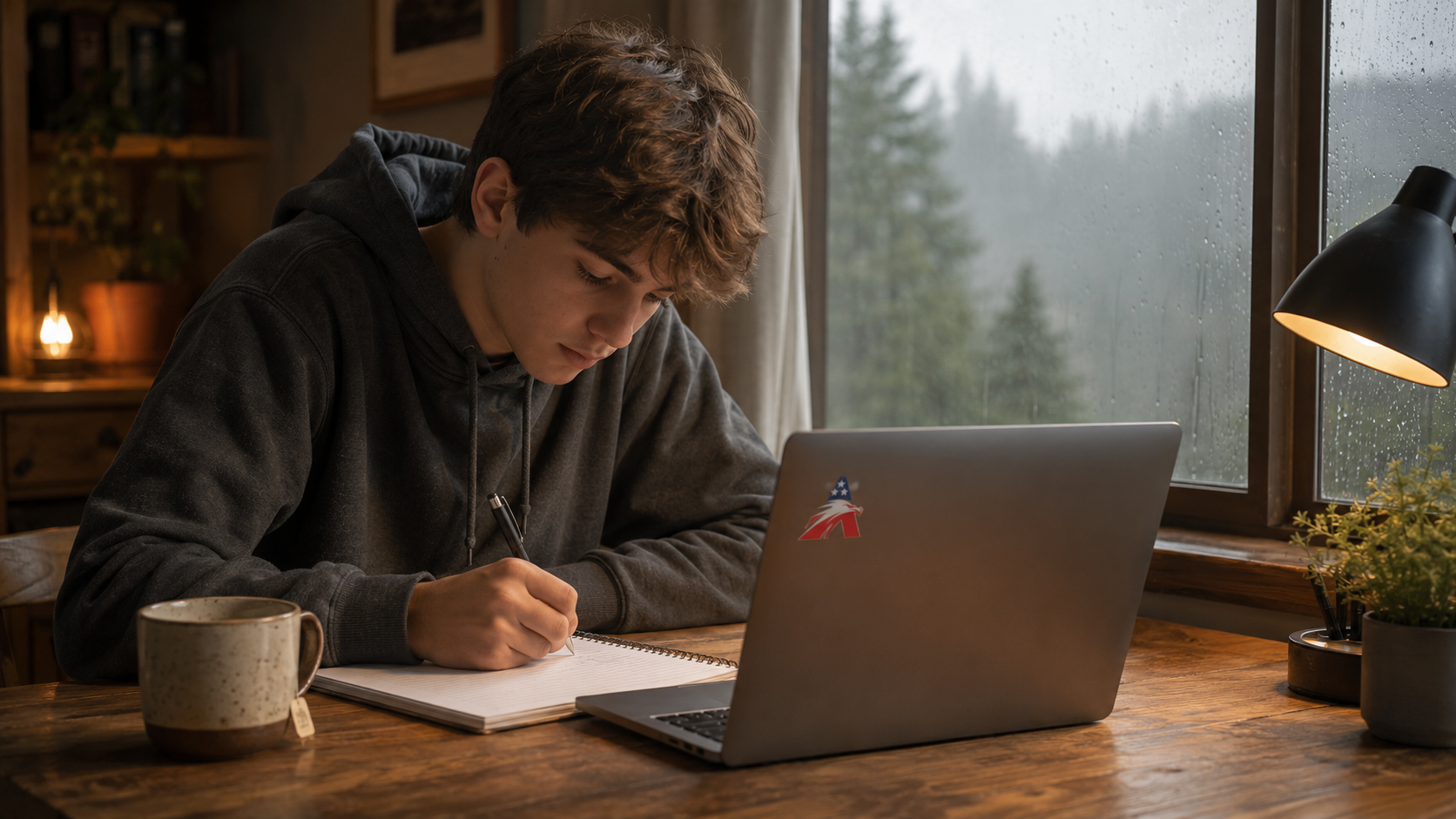 An Oregon K-12 online home school student studying at home by a rainy window on a flexible schedule