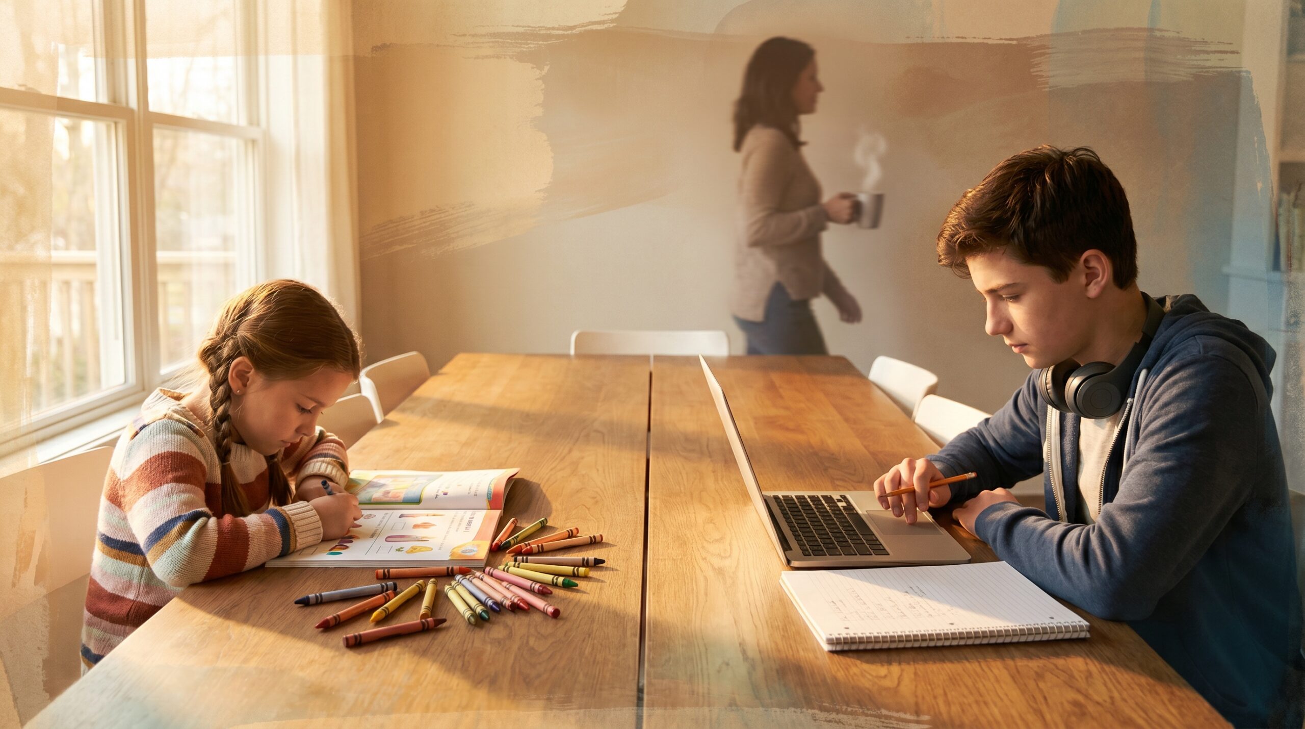 A young girl and a teenage boy each absorbed in their own work at a wide dining room table in warm morning light — two different grades, one home school