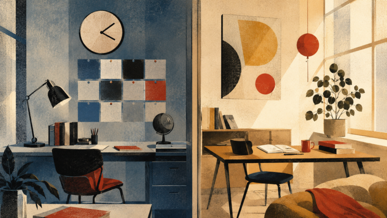 An editorial illustration contrasting a structured public virtual school with a flexible accredited online home school