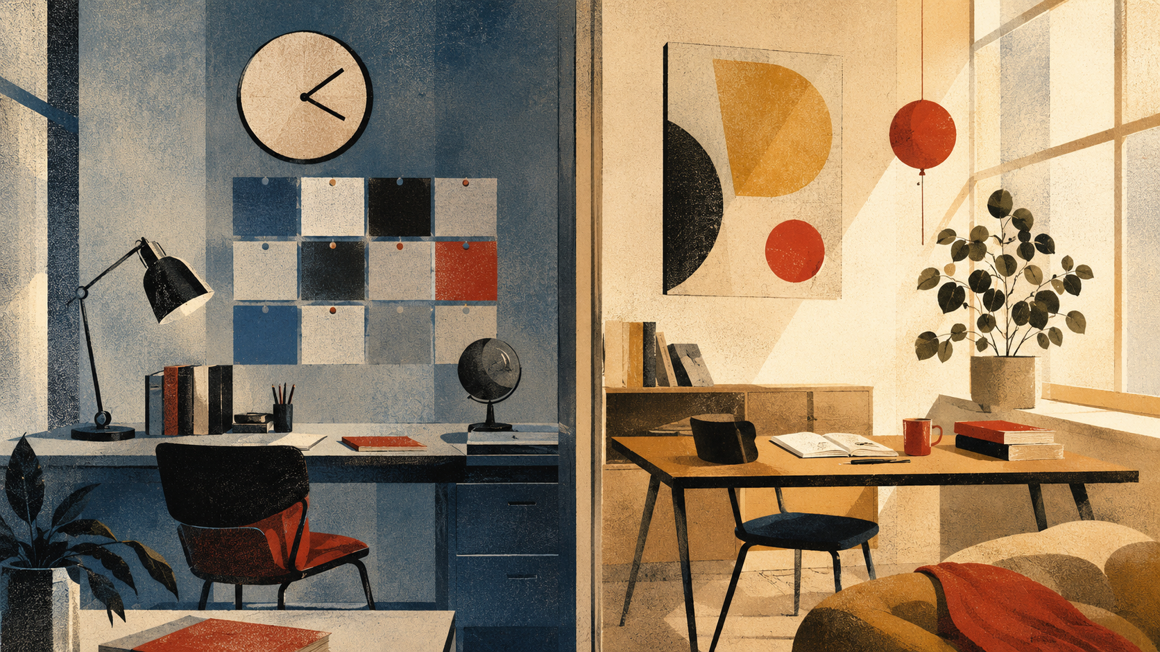 An editorial illustration contrasting a regimented public virtual school with a flexible accredited online home school