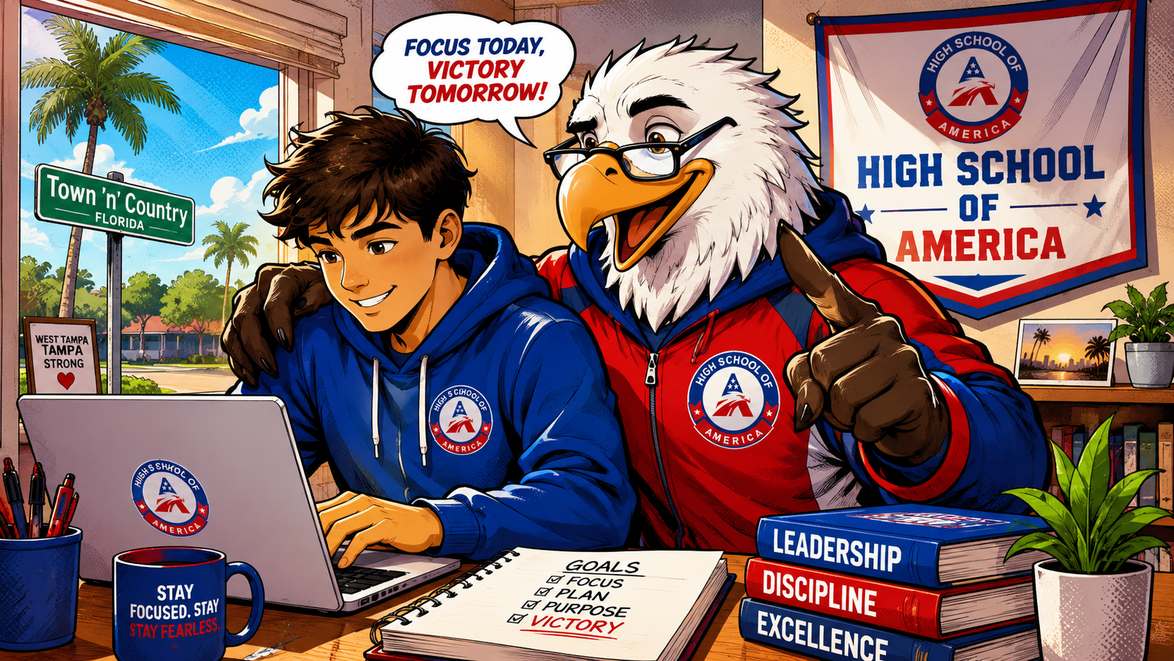 High School of America eagle mascot cheering on a Town 'n' Country online student