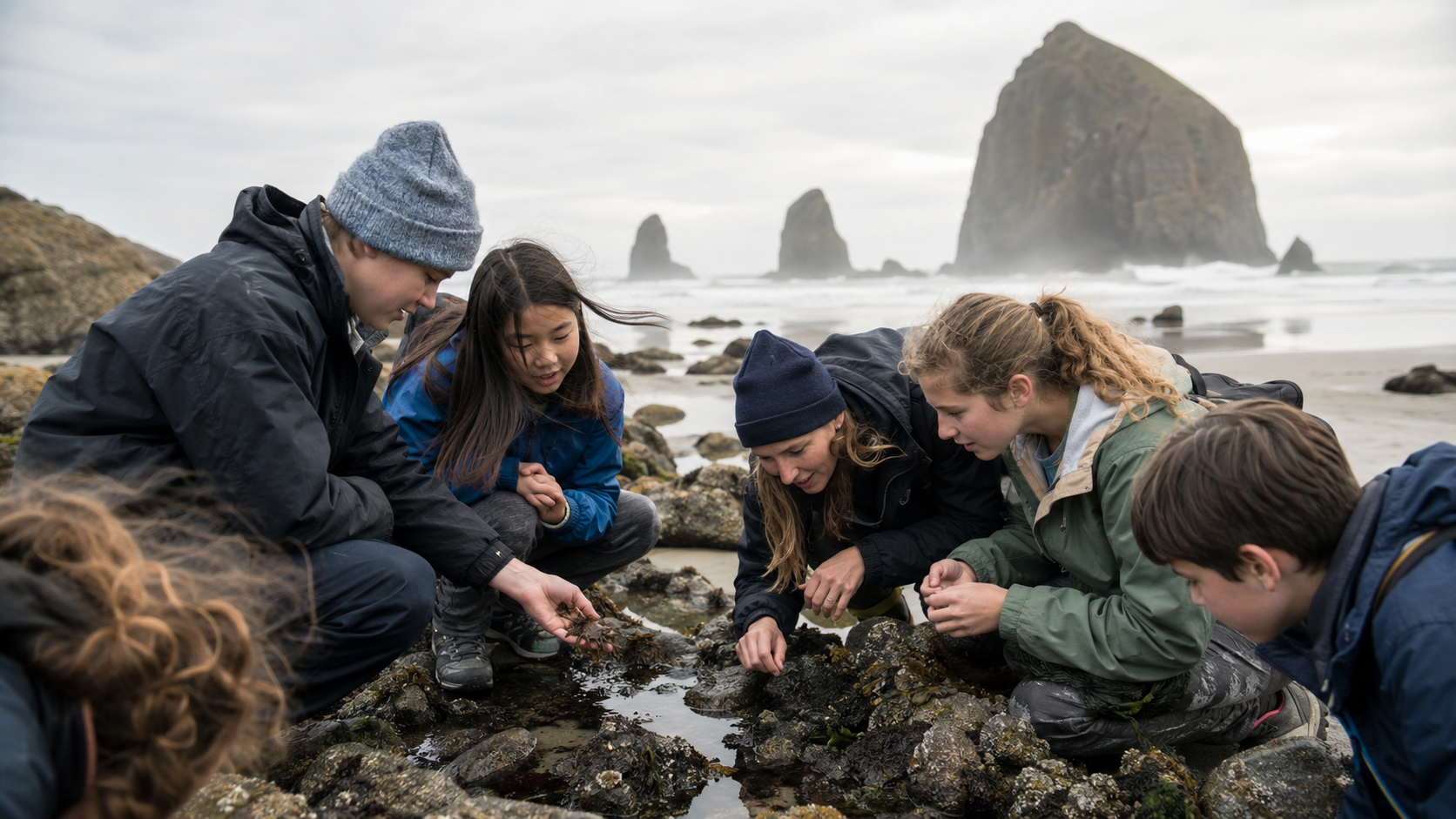 Oregon online school students at a coast tidepool field study on a flexible schedule