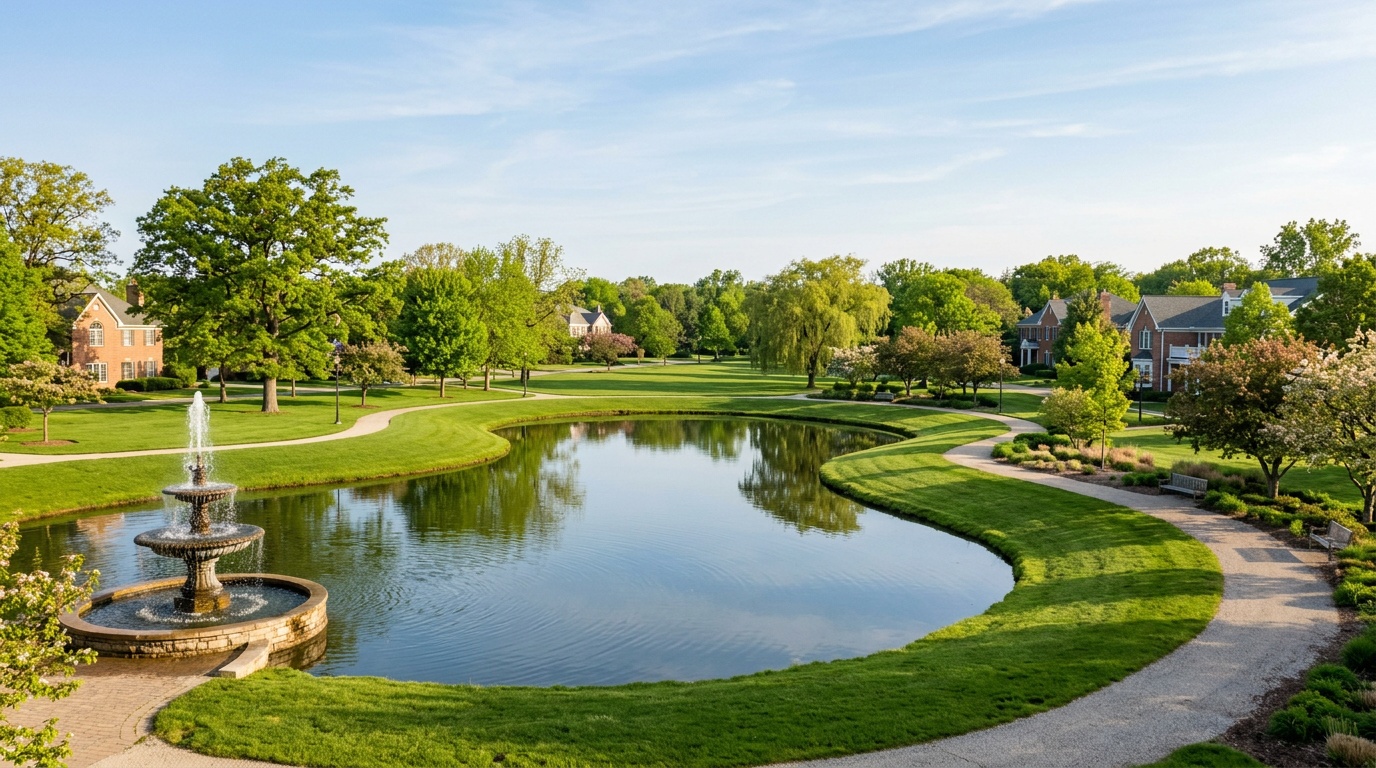Orland Park online home school K-12: a village green and pond with parkland in Orland Park, Illinois on a clear morning.