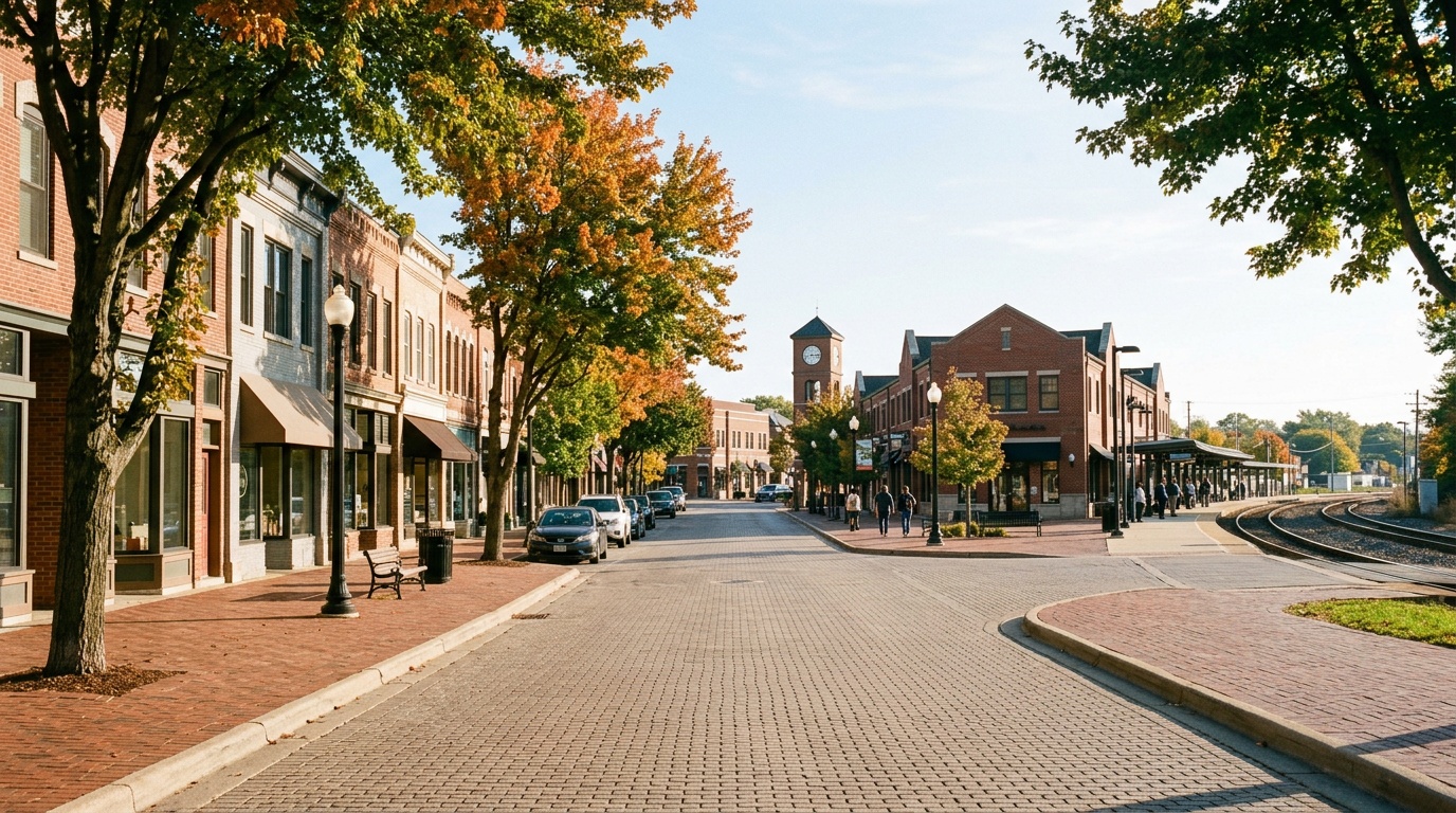 Palatine online home school K-12: the downtown and tree-lined parks of Palatine, Illinois on a clear morning.
