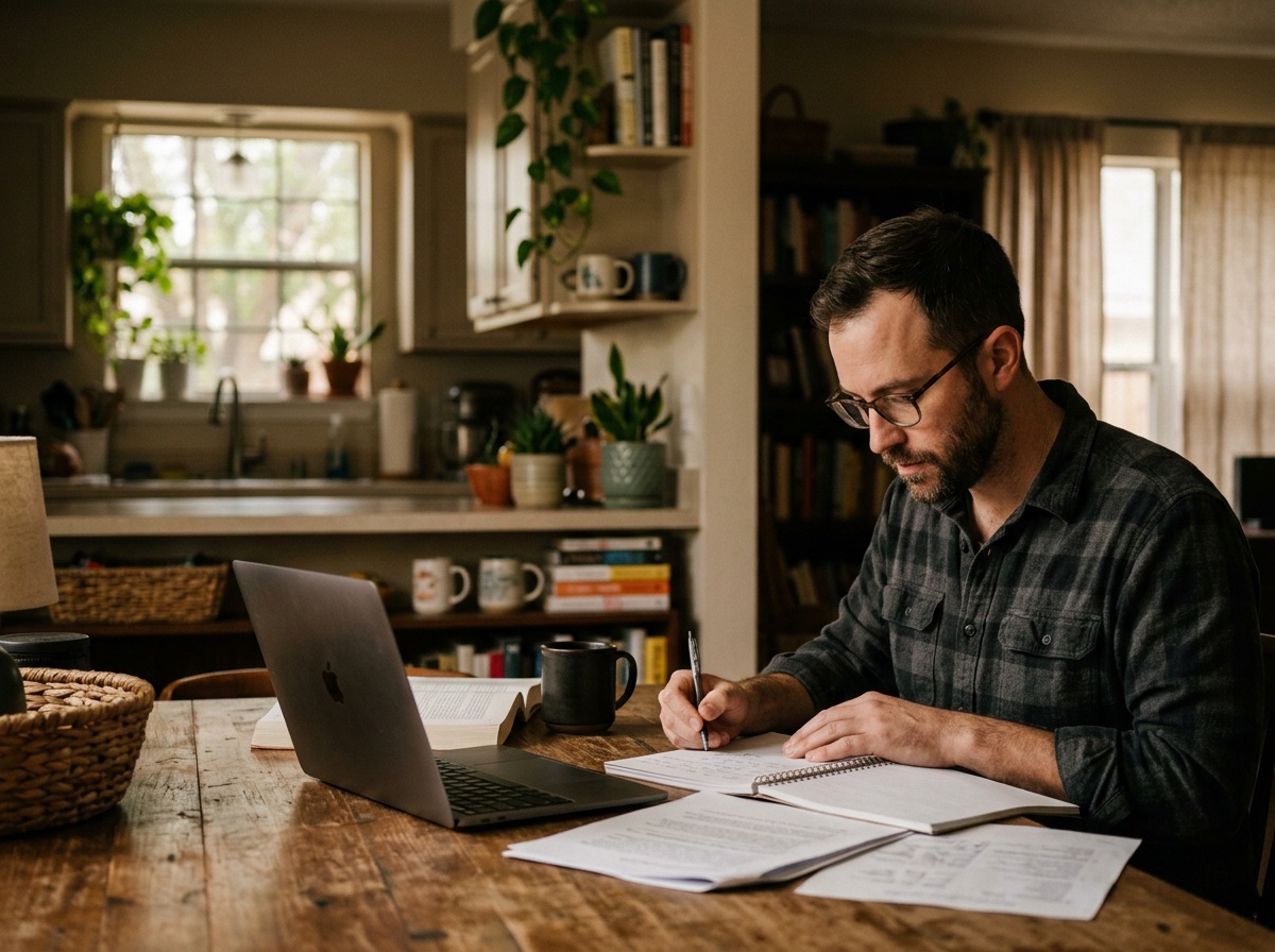 Adult student studying online at home in Pasadena