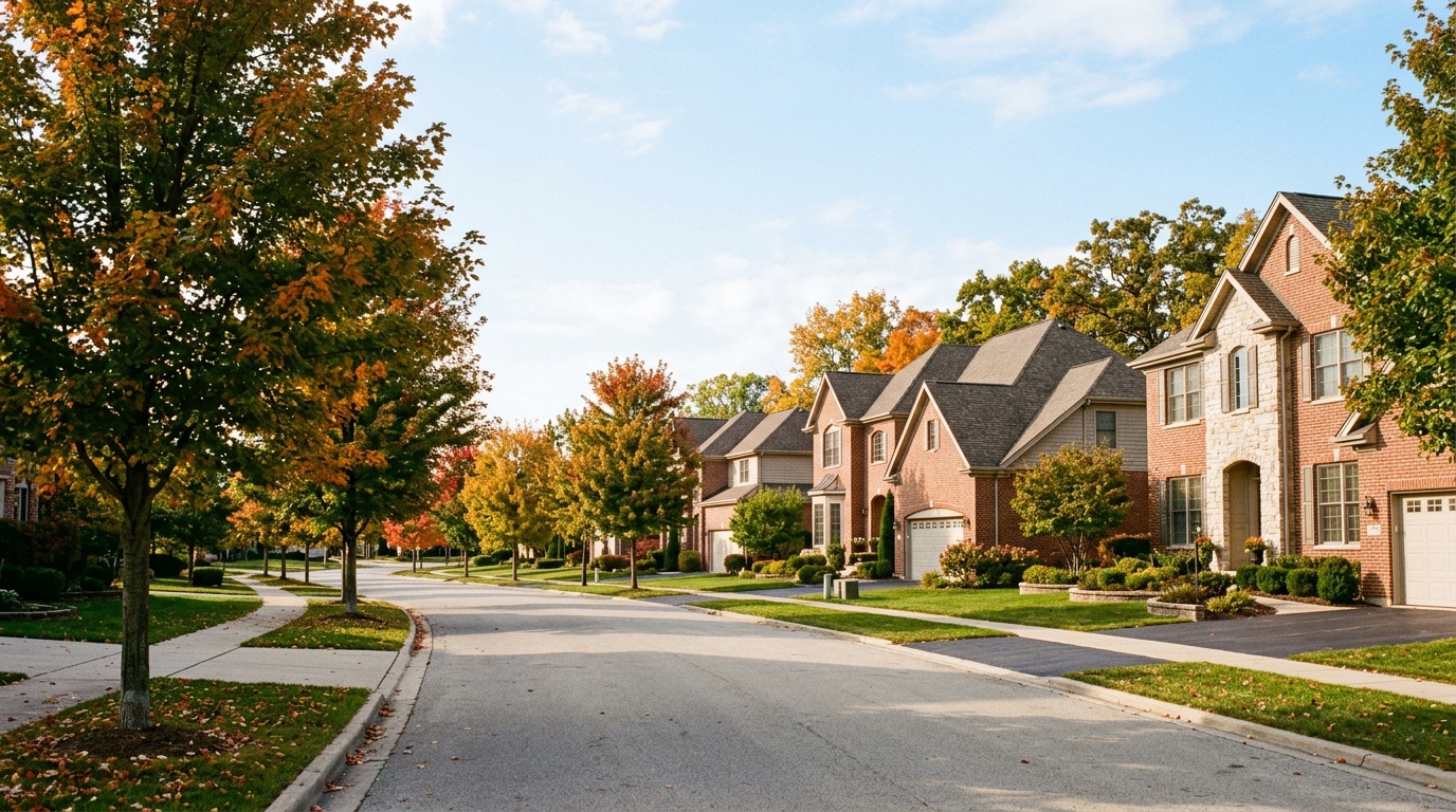 Plainfield Illinois online homeschool: a newer tree-lined residential street of brick homes in Plainfield, Illinois.