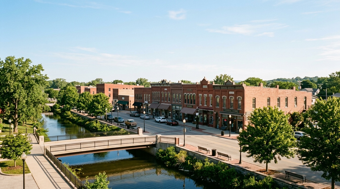 Plainfield online home school K-12: the historic downtown and the DuPage River in Plainfield, Illinois on a clear morning.