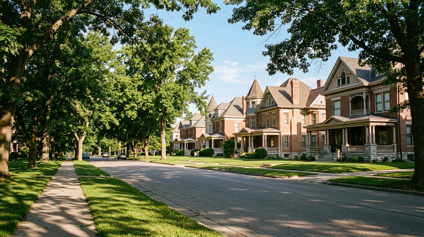 Quincy IL online home school: a tree-lined residential street of grand historic homes in Quincy, Illinois, a clear sky.