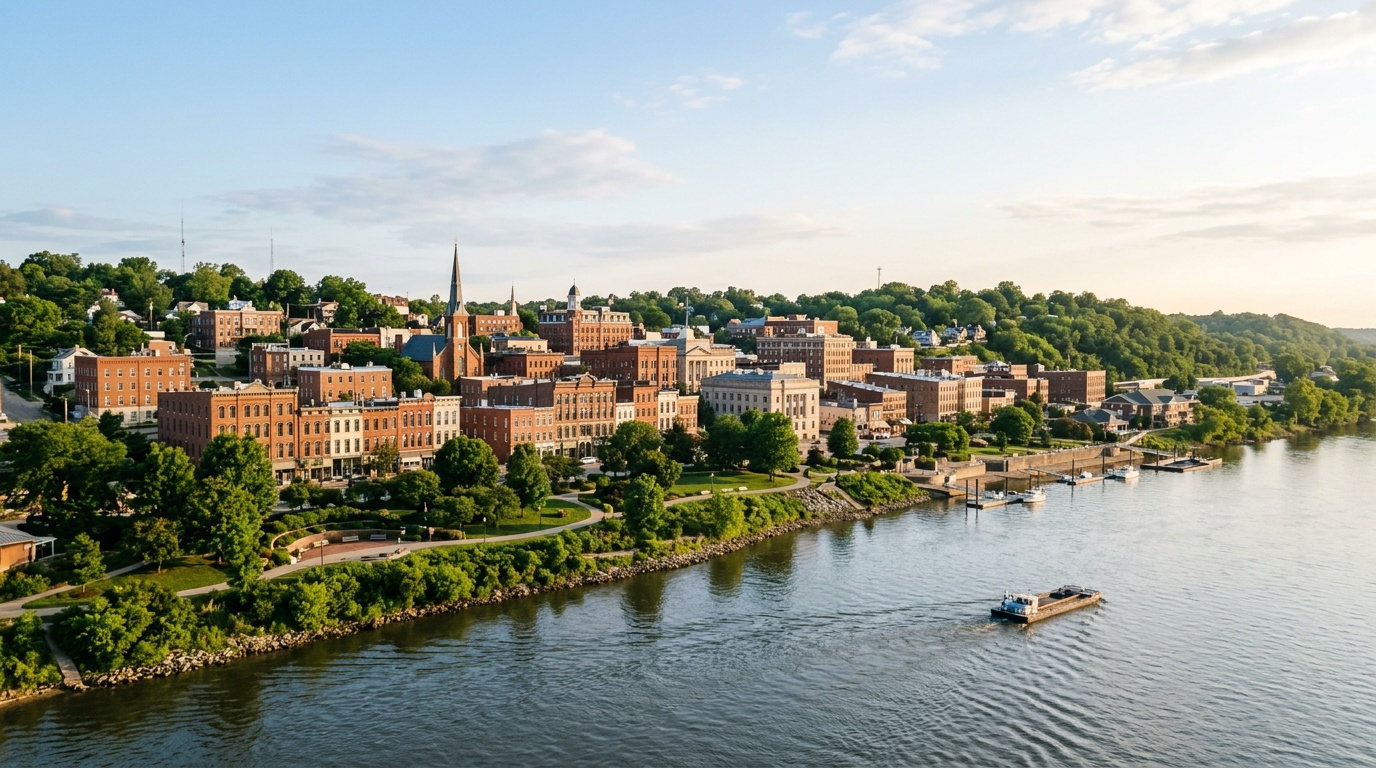 Quincy Illinois K-12 online home school: the Mississippi River waterfront and historic downtown of Quincy, Illinois, grand 19th-century brick and stone buildings, a riverfront park, river bluffs, mature trees, a clear morning sky.