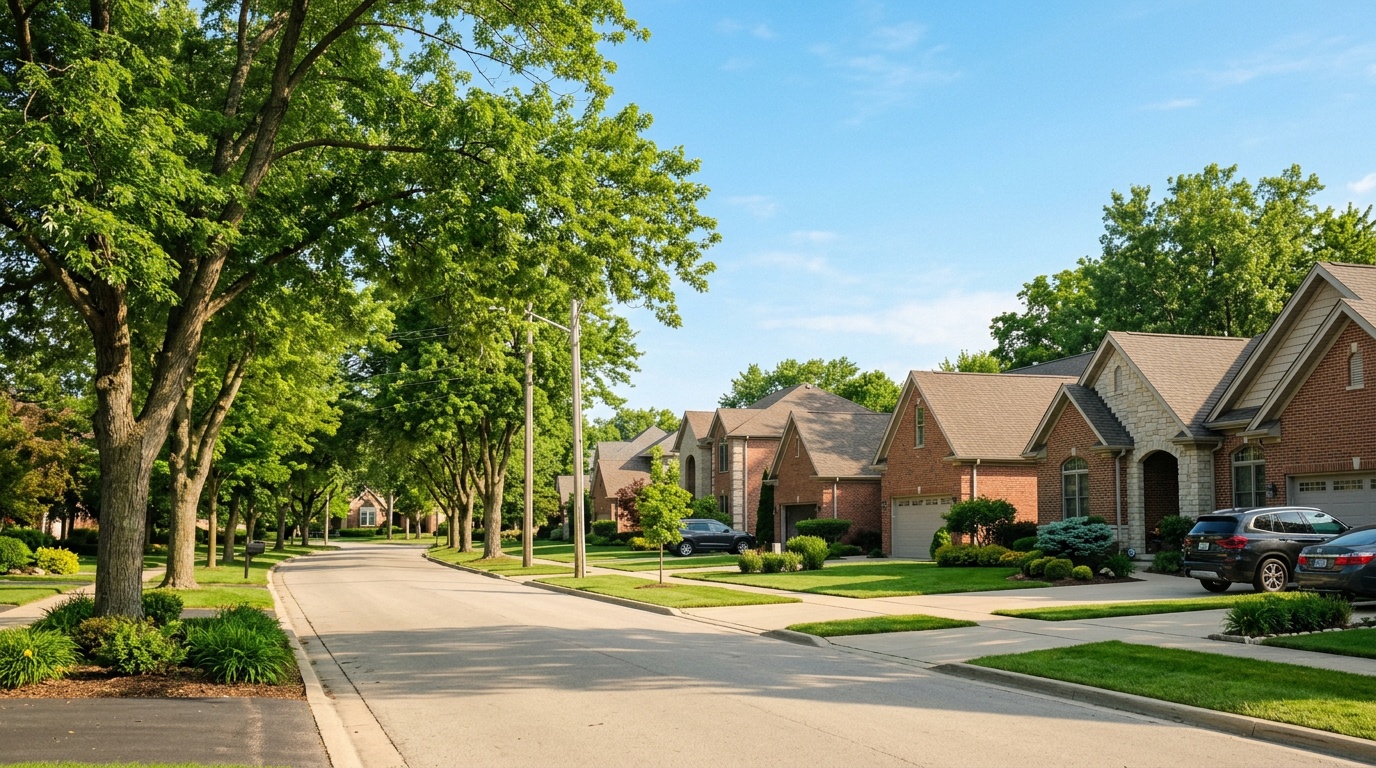 Schaumburg Illinois online homeschool: a newer tree-lined residential street of brick homes in Schaumburg, Illinois.