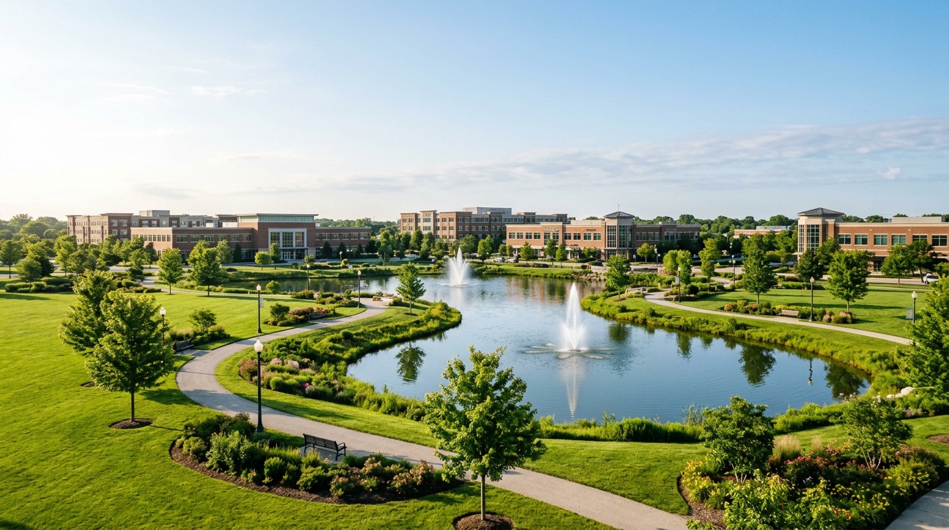 Schaumburg online home school K-12: a landscaped town center and parkland in Schaumburg, Illinois on a clear morning.